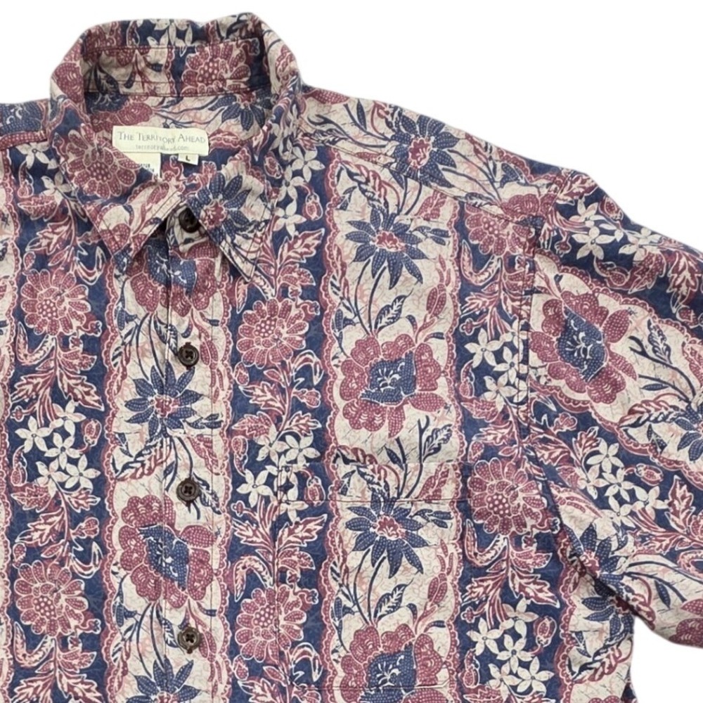 The Territory Ahead Striped Floral Batik Camp Shirt Blue Burgundy Mens Large